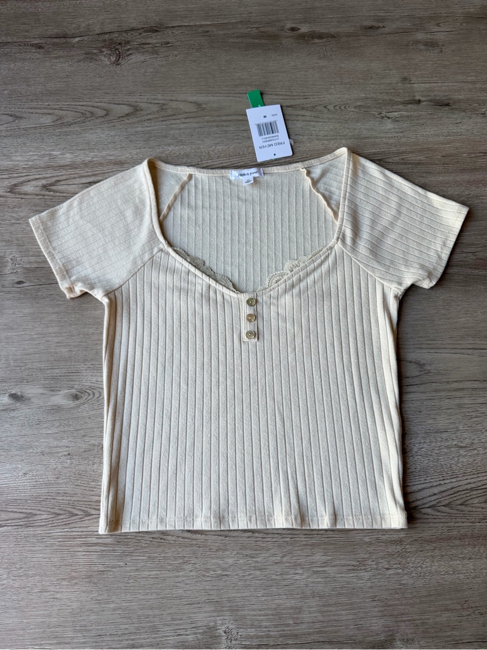 Stitch & Pine Ribbed Henley Top Lace Trim Cream Fitted Tee Size M NWT Stretchy